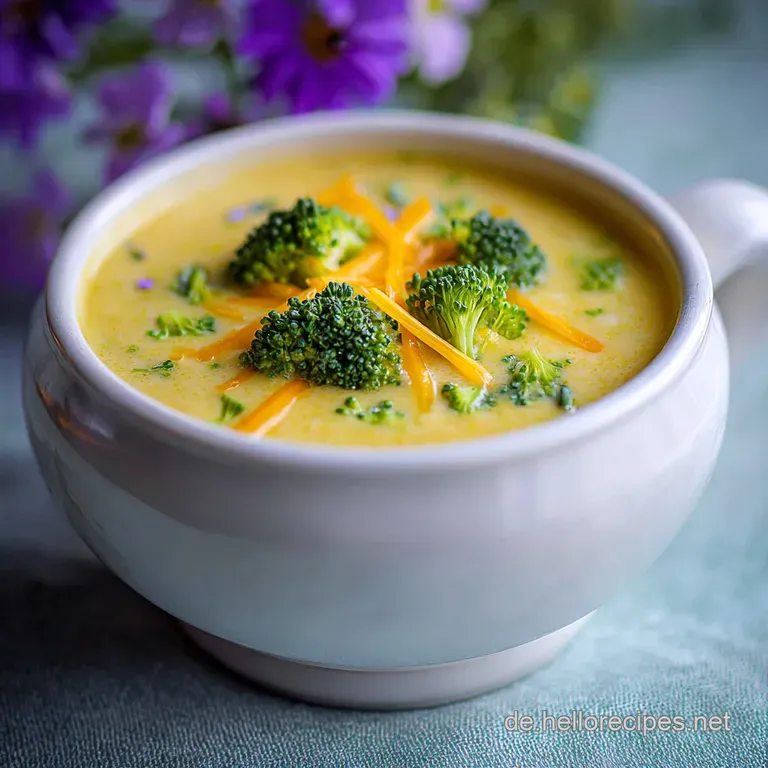 Close-up of vibrant green broccoli cheddar soup in a white bowl, topped with a cheddar swirl and garnished with fresh herbs.