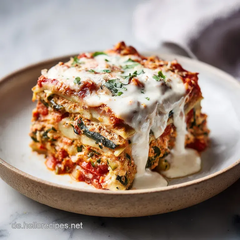 A generous slice of creamy vegetable lasagna on a white plate, with melted cheese cascading slightly.
