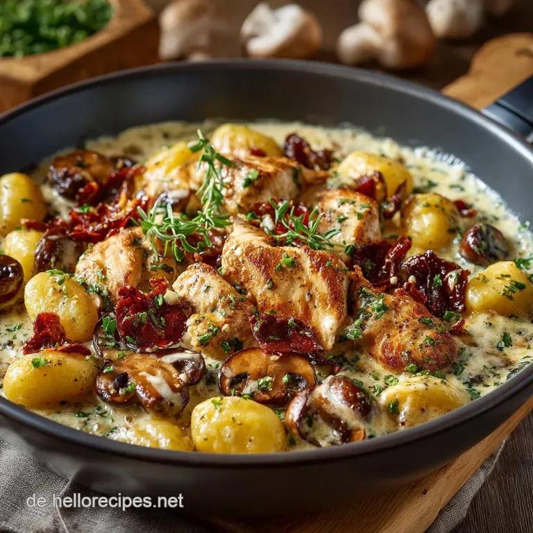 Cremige HähnchenGnocchiPfanne mit Waldpilzen und Thymian