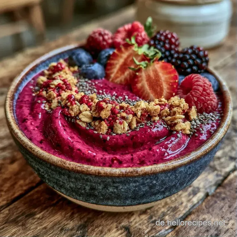 Elegante Schale mit einer glatten, lila Masse, dekoriert mit Kokosraspeln und frischen Beeren auf einem hellen Tisch.