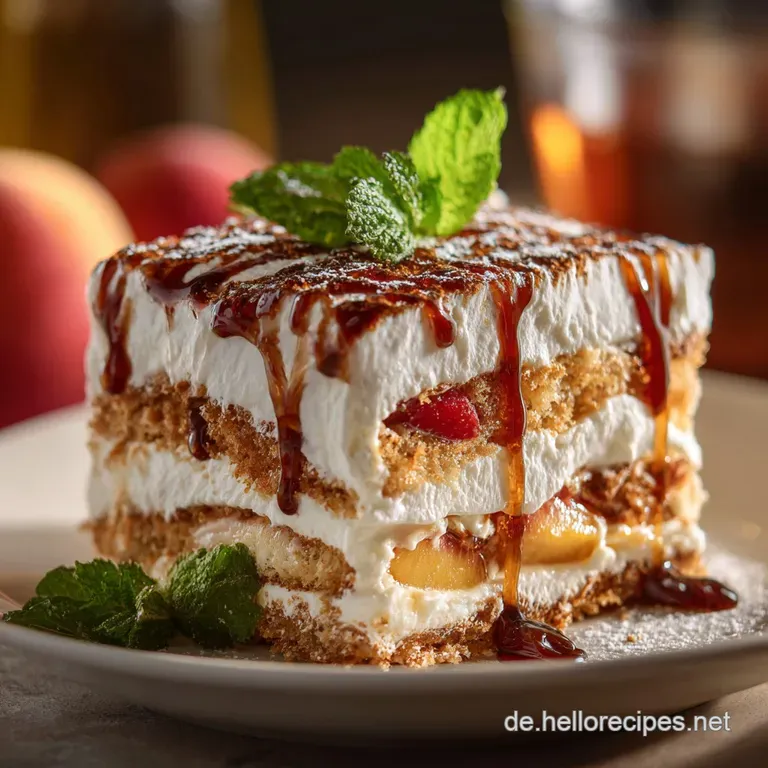 Pfirsich Tiramisu Dolce Vita mit cremiger Mascarpone und AmarettoNote