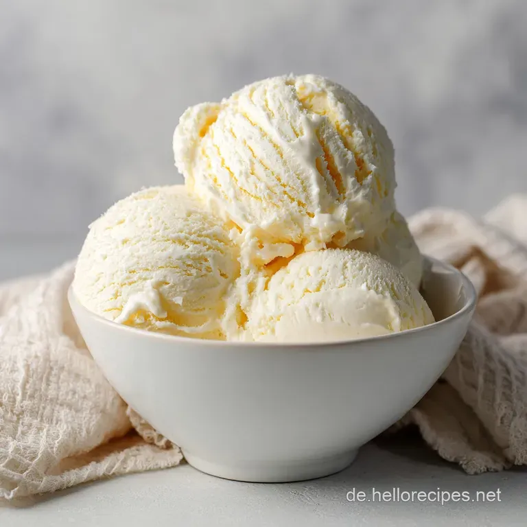 Scoops of rich vanilla ice cream artfully arranged on a plate, drizzled with dark chocolate sauce and topped with fresh mint.