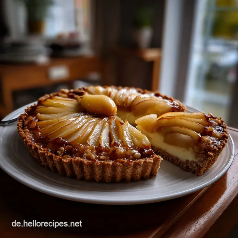 Rustic pear cake slice, golden-brown crust, fluffy interior. Garnished with powdered sugar, sitting on a simple white plate.