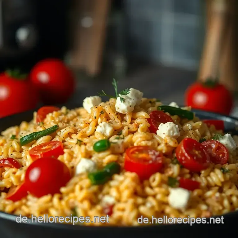 Einfache One Pot Orzo mit Gemüsesauce und Feta presentation