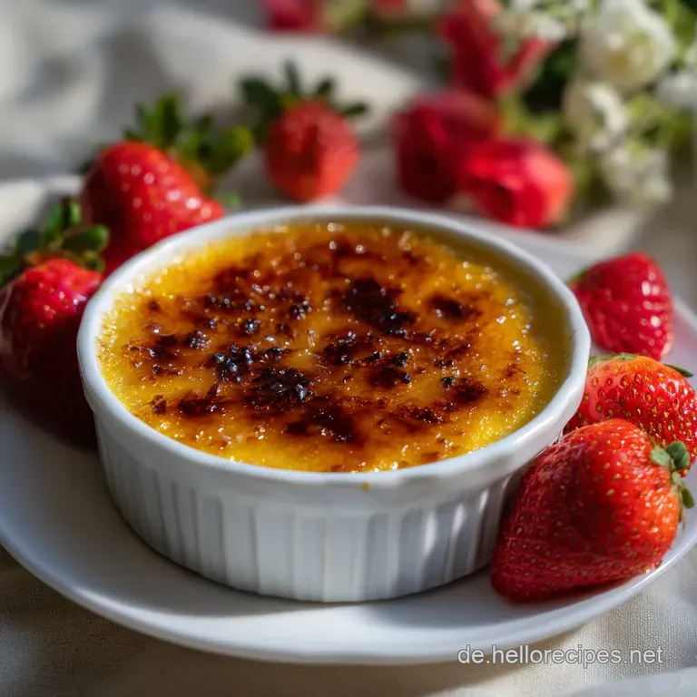 Elegant ramekin filled with a chilled, vanilla-flecked custard, topped with a glistening, crisp sugar crust. Simple and re...