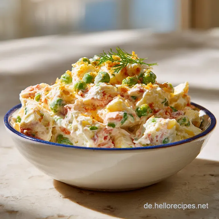 Elegant scoop of Russian salad, smooth and inviting, garnished with parsley. Hints of potato, carrot, and mayonnaise are v...