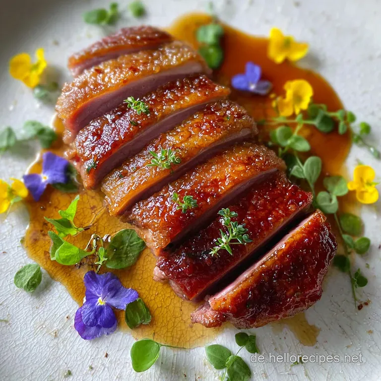 Elegant slice of duck breast with vibrant red cabbage and potato dumplings, drizzled with rich, glossy sauce. Warm and inv...