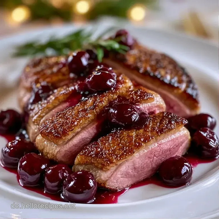 Elegant angerichtete Fleischtranchen mit gl&auml;nzender, purpurroter Fruchtsauce und zarten Beilagen auf dunklem Porzellan.