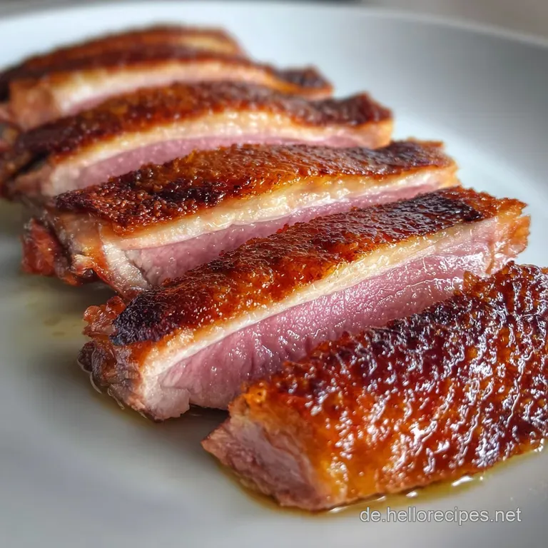 Elegant plate with sliced duck: crisp, dark crust and vibrant pink inside. Garnished with vibrant greens and berry sauce.