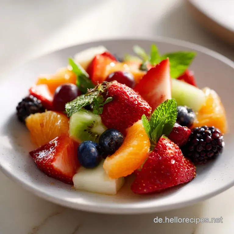A generous scoop of mixed fruit salad, showcasing plump berries and juicy citrus segments on a white plate.