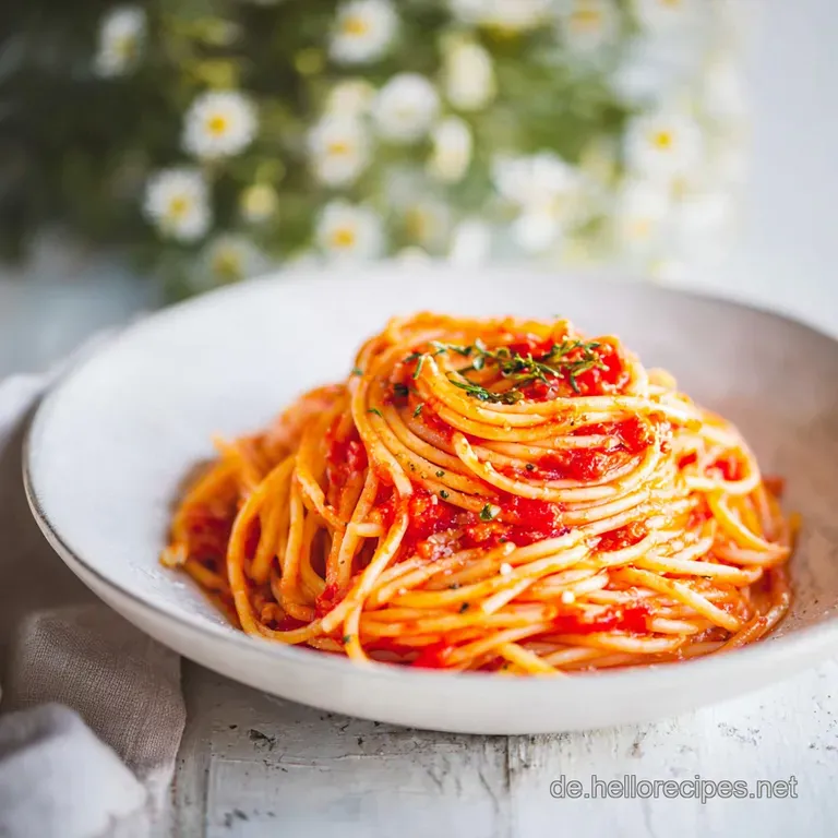Steaming pasta twirled artfully on a white plate, glistening with rich tomato sauce and sprinkled with fresh basil. Rustic...