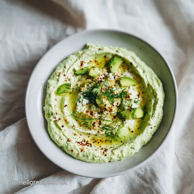 Bright green avocado dip topped with salty feta, served in a white bowl with toasted pita bread and fresh parsley for dipp...
