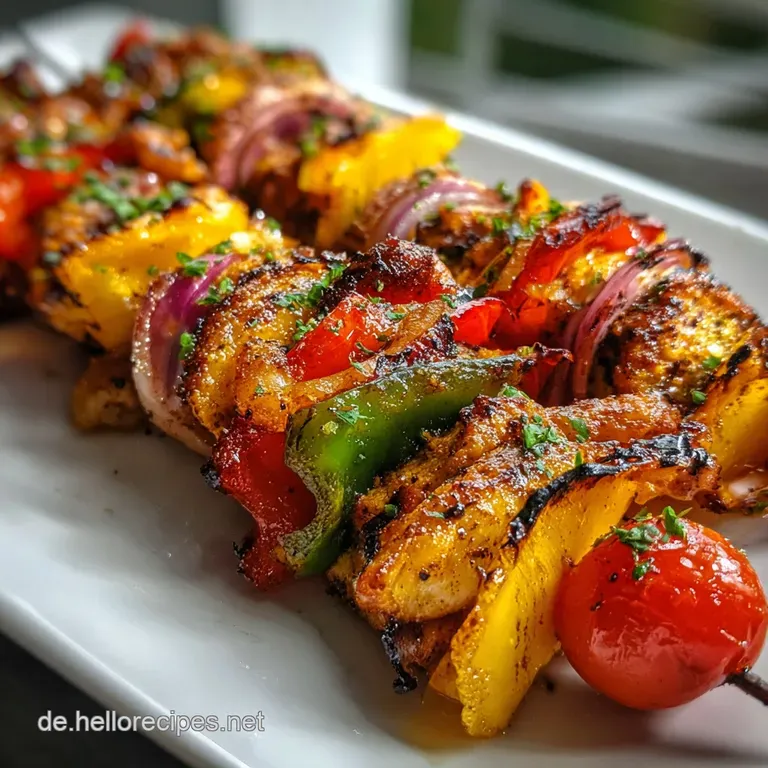 Skewers of tender meat and colorful vegetables, elegantly plated with fresh herbs, showcasing varied textures and a rustic...