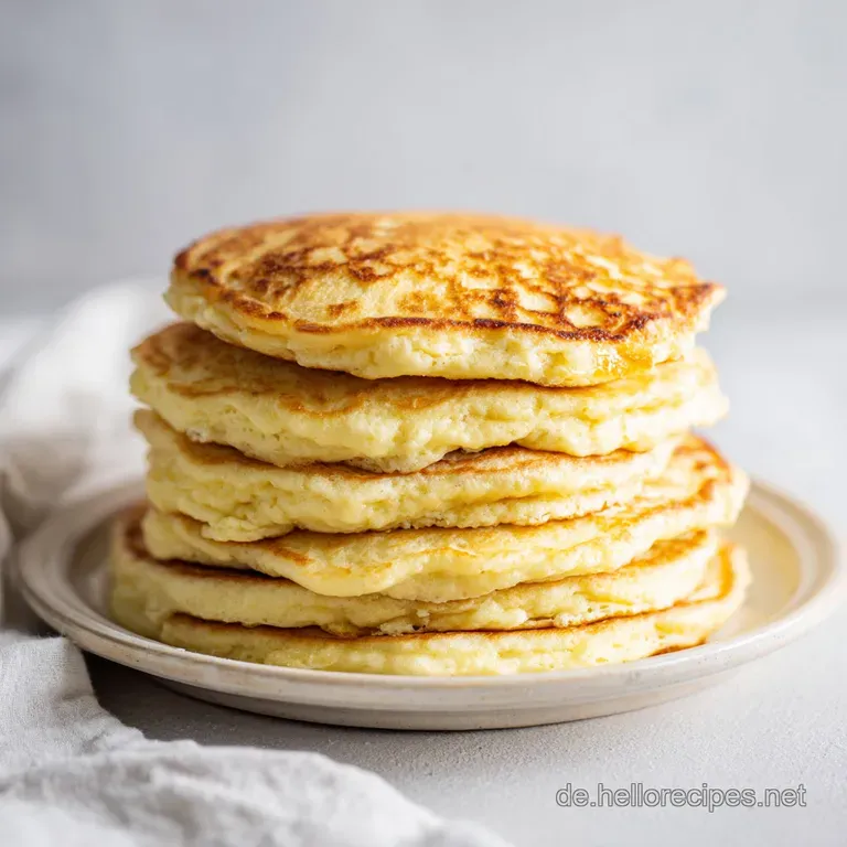 Drei weiche, helle Pfannkuchen auf einem wei&szlig;en Porzellanteller, best&auml;ubt mit Puderzucker und einem gr&uuml;nen Minzblatt.