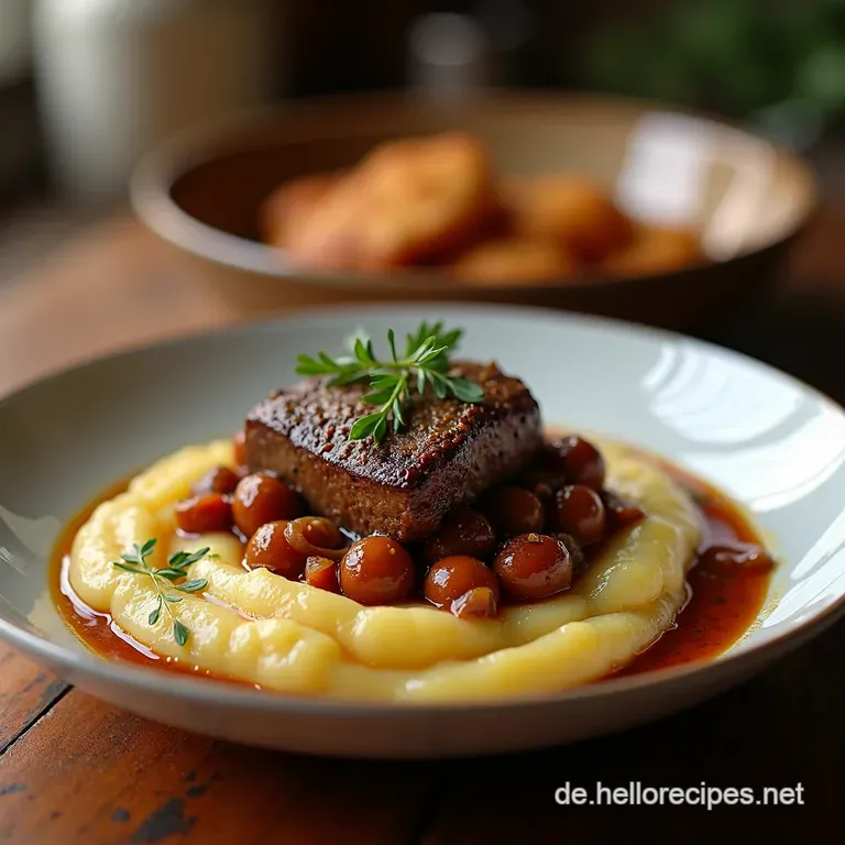 Französische Hausmannskost Boeuf Bourguignon mit cremigem Püree presentation