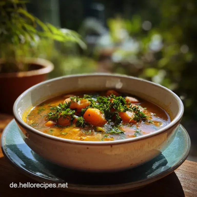 Elegant white bowl filled with vibrant soup, garnished with fresh herbs and a swirl of cream, offering a comforting warmth.