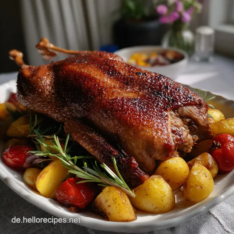 Elegant plate showcasing a tender slice of goose, vibrant cranberry sauce, and delicate herb garnish, a festive meal.