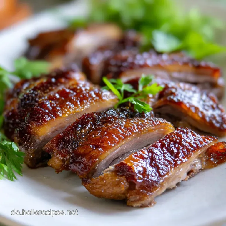 A slice of juicy goose breast with crispy skin, elegantly plated alongside glazed red cabbage and a potato dumpling.