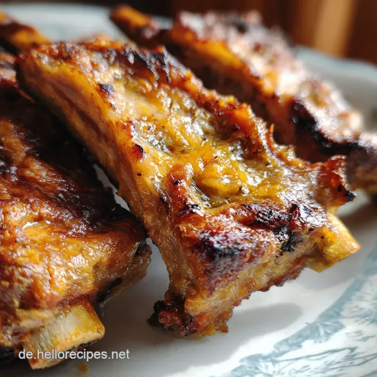 Perfectly glazed spareribs presented on a white plate, the dark meat contrasting with the shiny, caramelized exterior.