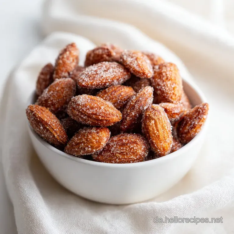 A delicate mound of golden-brown sugared almonds artfully arranged on a white dessert plate with a sprinkle of cinnamon.