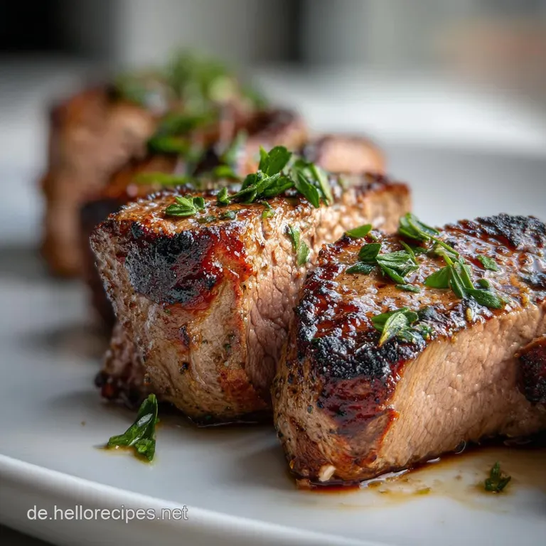 Elegant plate showcasing tender lamb with a crisp sear, drizzled sauce, alongside rosemary sprigs and roasted root vegetab...