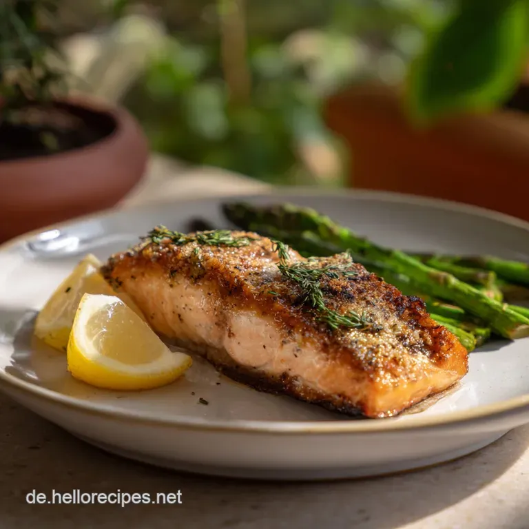 Perfectly seared salmon fillet with golden-brown skin atop vibrant asparagus. A lemon wedge adds a pop of color.