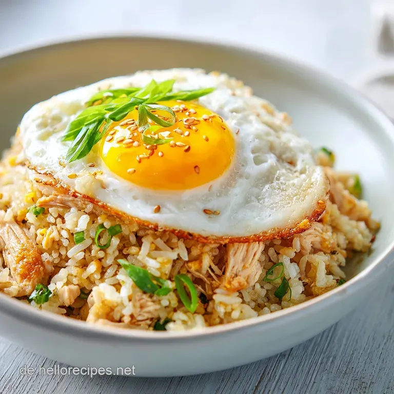 A colorful mound of stir-fried rice with succulent chicken, garnished with fresh spring onions.