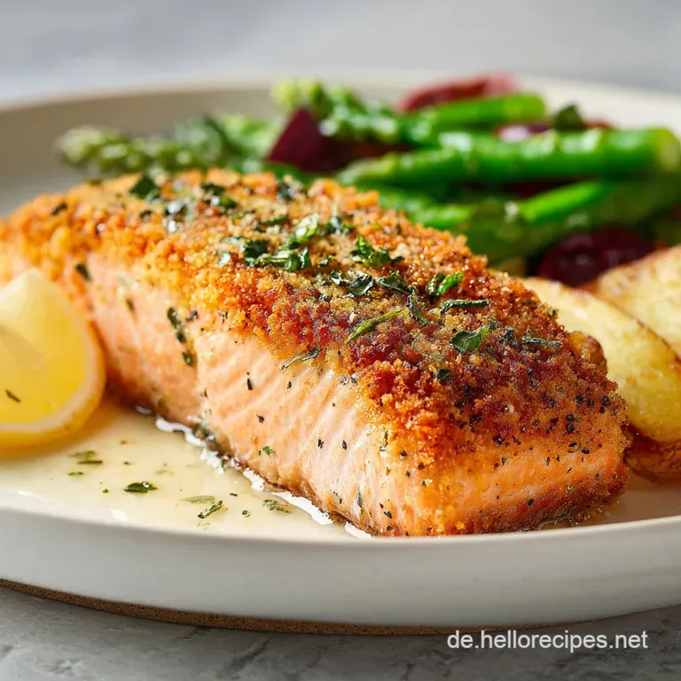 Flaky salmon rests on creamy mashed potatoes, accented by asparagus spears. A bright lemon wedge adds a pop of color.