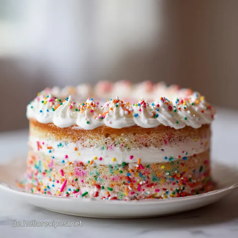 Slice of creamy white cake with bright sprinkles, served on a delicate plate with a fork, inviting and festive.