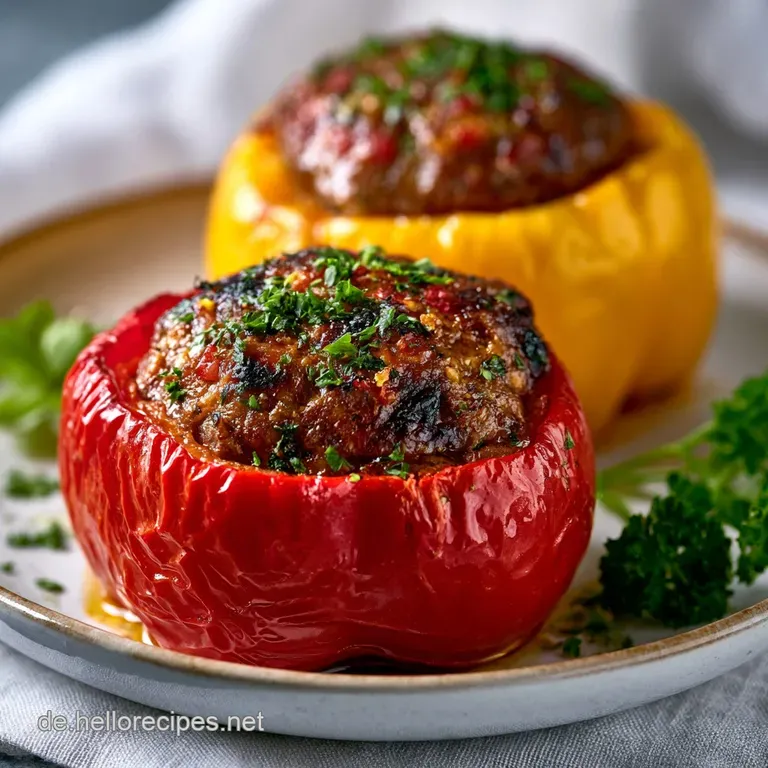 Gef&uuml;llte rote Paprika auf einer wei&szlig;en Platte, garniert mit frischer gr&uuml;ner Petersilie und einem Hauch gl&auml;nzendem &Ouml;l.