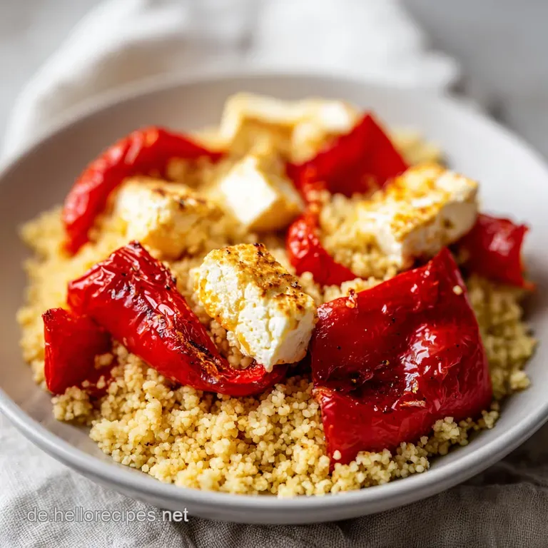 Bunte gef&uuml;llte Paprika in einer cremigen Tomatensauce auf einer rustikalen Keramikplatte mit gr&uuml;nen Kr&auml;uterbl&auml;ttern.