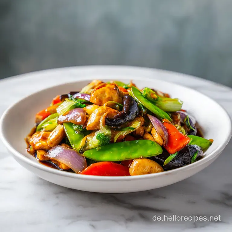 A vibrant plate of saut&eacute;ed vegetables and chicken, sprinkled with fresh herbs. The dish gleams, ready to be enjoyed.