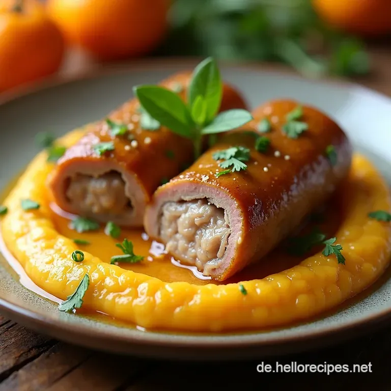 Geräucherte SchinkenRouladen auf cremigem Süßkartoffelpüree presentation