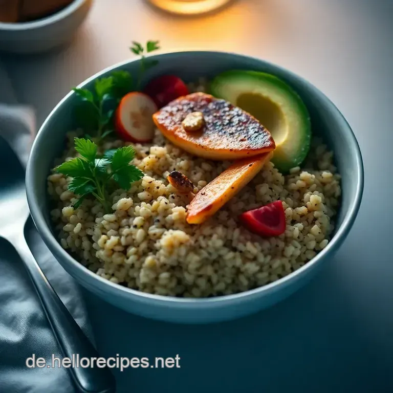 Gesunde Thunfisch-Bowl mit Quinoa und Avocado presentation