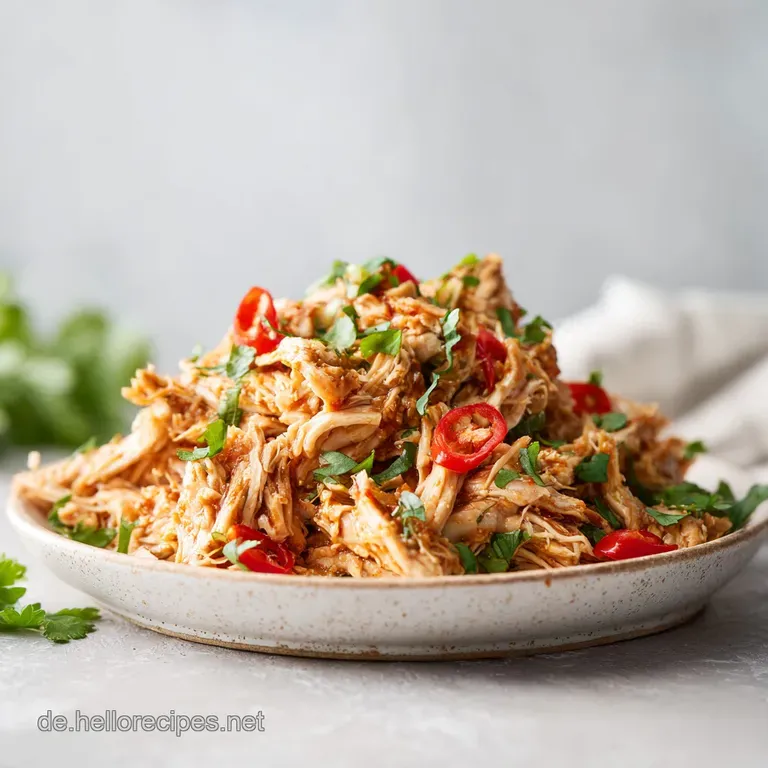 Tender, pulled chicken nestled on a bed of fluffy rice, garnished with vibrant green herbs.