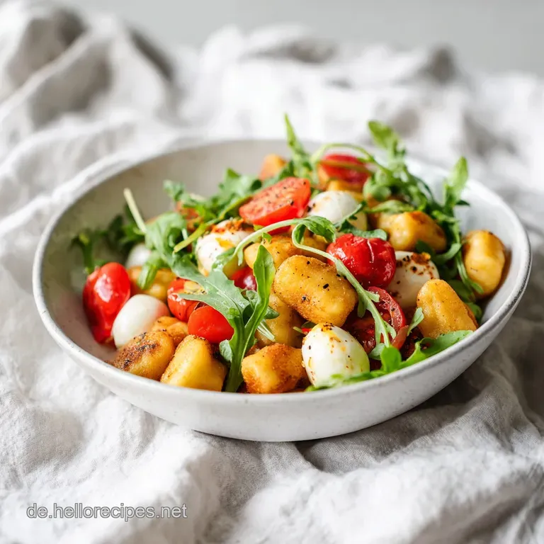 Cremiger Mozzarella und gl&auml;nzende Tomaten auf einer wei&szlig;en Platte, garniert mit Gnocchi und einem Hauch Oliven&ouml;l.