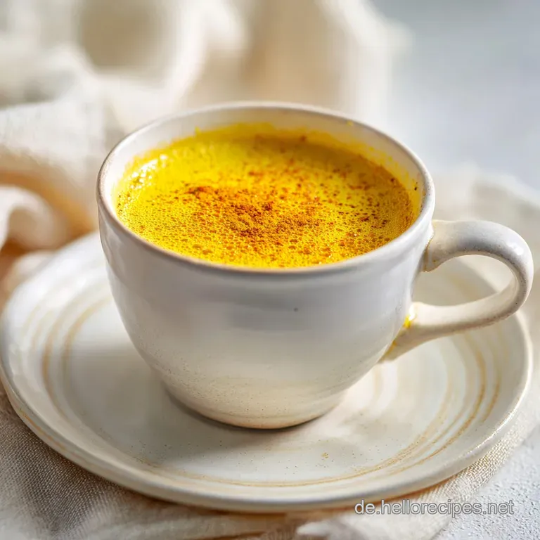 A steaming mug of golden turmeric milk, artfully garnished with fresh mint and a dusting of nutmeg.