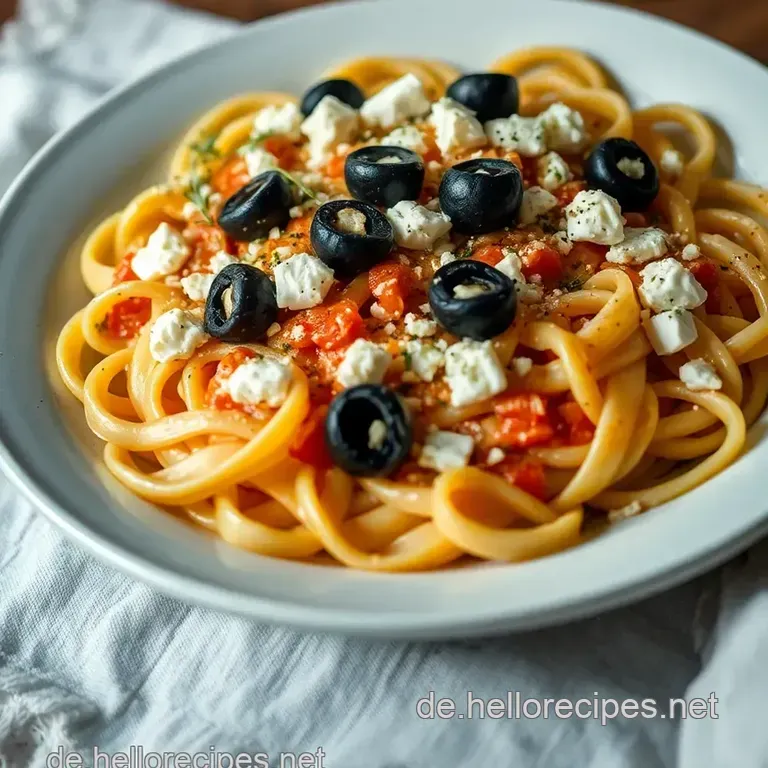 Griechenland auf dem Teller: Griechische Bandnudeln mit Feta und Oliven presentation