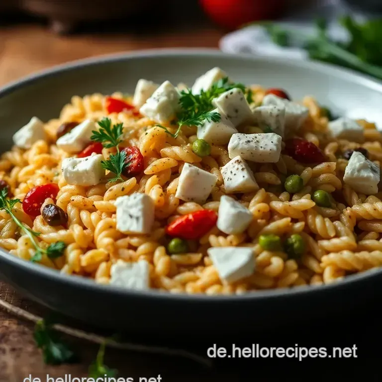 Griechische Kritharaki mit frischen Kräutern und Feta presentation