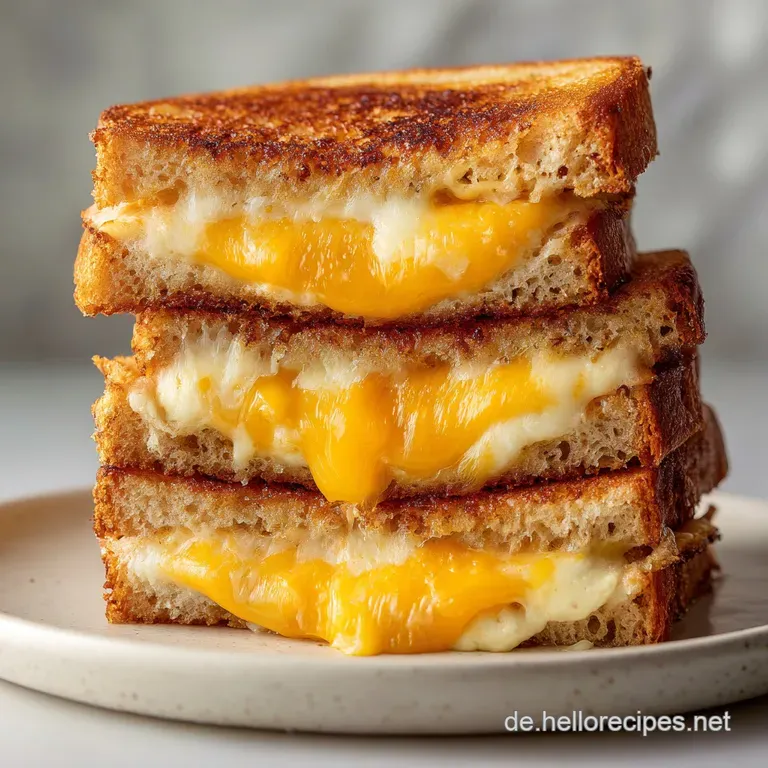 Perfectly grilled cheese, diagonal cut, steam rising, served with bright red tomato soup in white bowl, fresh basil garnish.