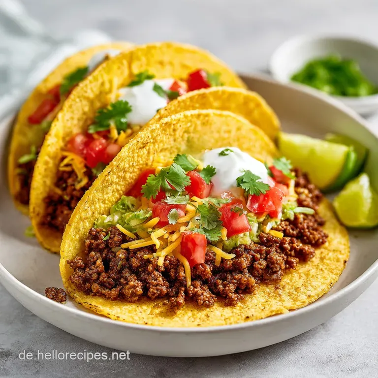 A close-up of a perfectly assembled taco, showcasing seasoned beef, shredded cheese, and a dollop of sour cream.