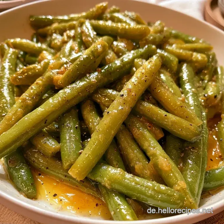Knackige gr&uuml;ne Bohnen, elegant auf einem wei&szlig;en Porzellanteller angerichtet, mit einem feinen Butterglanz &uuml;berzogen.