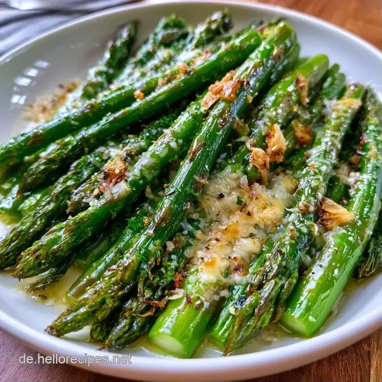 Knackig gr&uuml;ner Spargel auf einer wei&szlig;en Platte, garniert mit gelben Zitronenscheiben und geschmolzenem K&auml;se.
