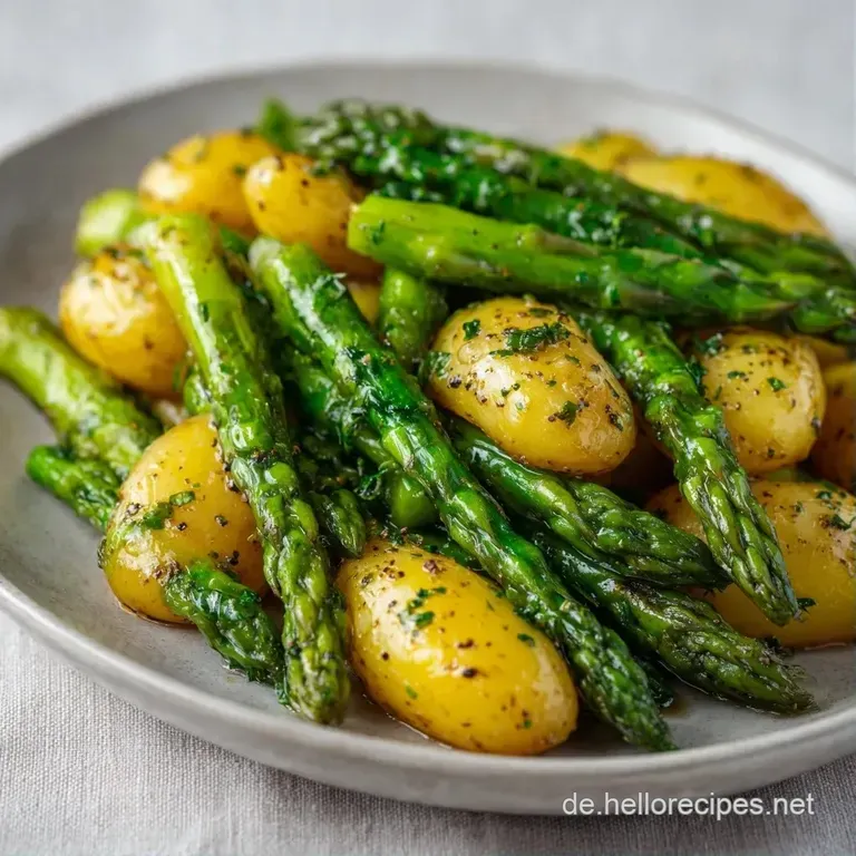 Elegant angerichteter gr&uuml;ner Spargel neben weichen Kartoffeln auf einer Keramikplatte, garniert mit frischen Kr&auml;utern.