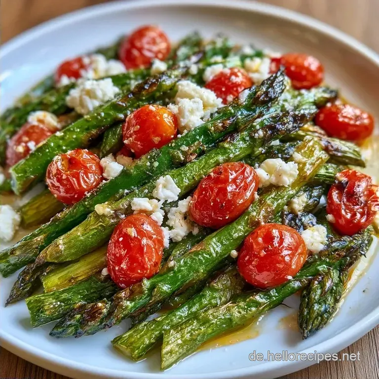 Gr&uuml;ner Spargel mit Feta: Aus dem Ofen mit Tomaten