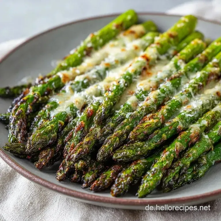 Elegant angerichtet: Knackiger gr&uuml;ner Spargel mit einer feinen Schicht goldgelbem Parmesan auf wei&szlig;em Porzellan.