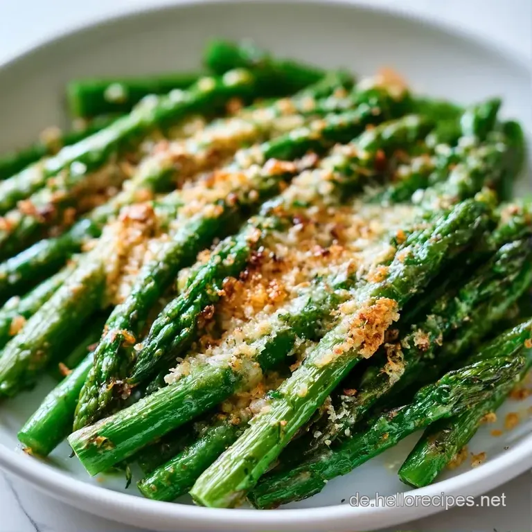 Elegant angerichteter gr&uuml;ner Spargel auf einer dunklen Platte, bestreut mit wei&szlig;em K&auml;se und frischen Kr&auml;utern.