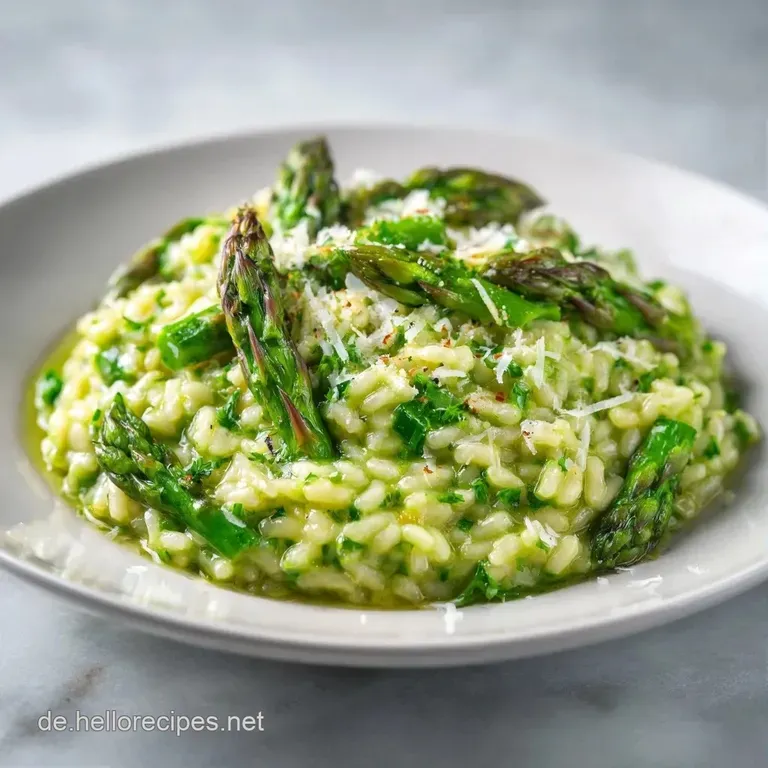 Ein flacher Teller mit gl&auml;nzendem Risotto, darauf angeordneter gr&uuml;ner Spargel und ein Hauch von frischem Kr&auml;utergr&uuml;n.