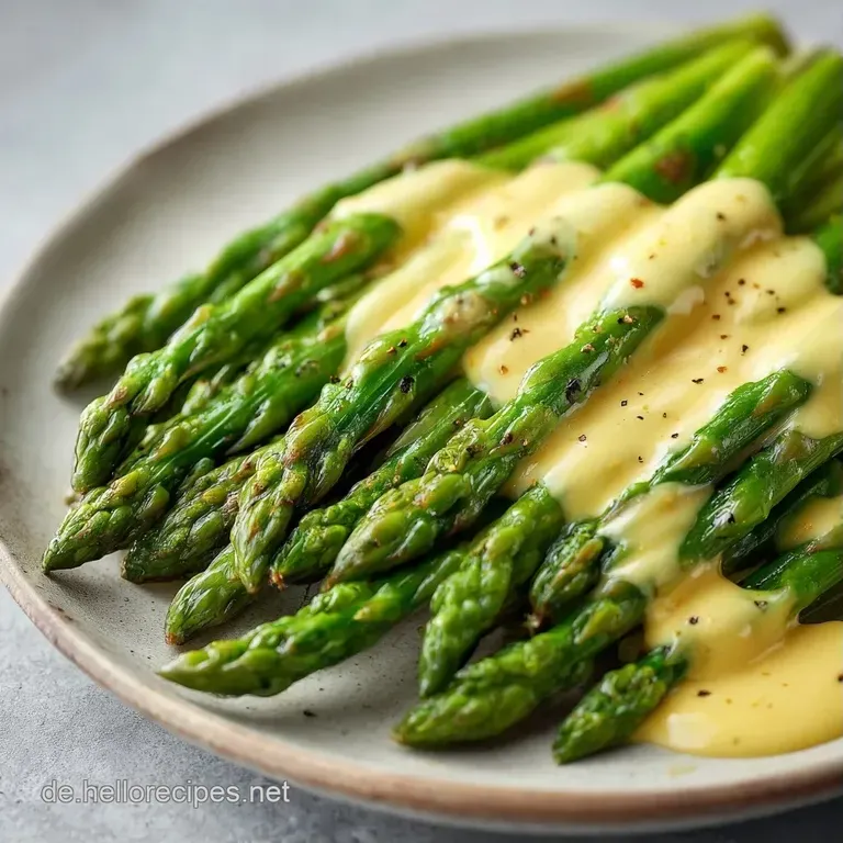 Elegant angerichteter gr&uuml;ner Spargel auf einer hellen Platte, garniert mit gl&auml;nzender, butterweicher Hollandaise.