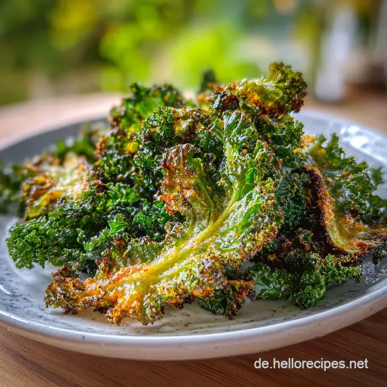 Pile of emerald green kale chips, artfully arranged to show off their delicate, crispy texture. Air fryer cooking at its b...